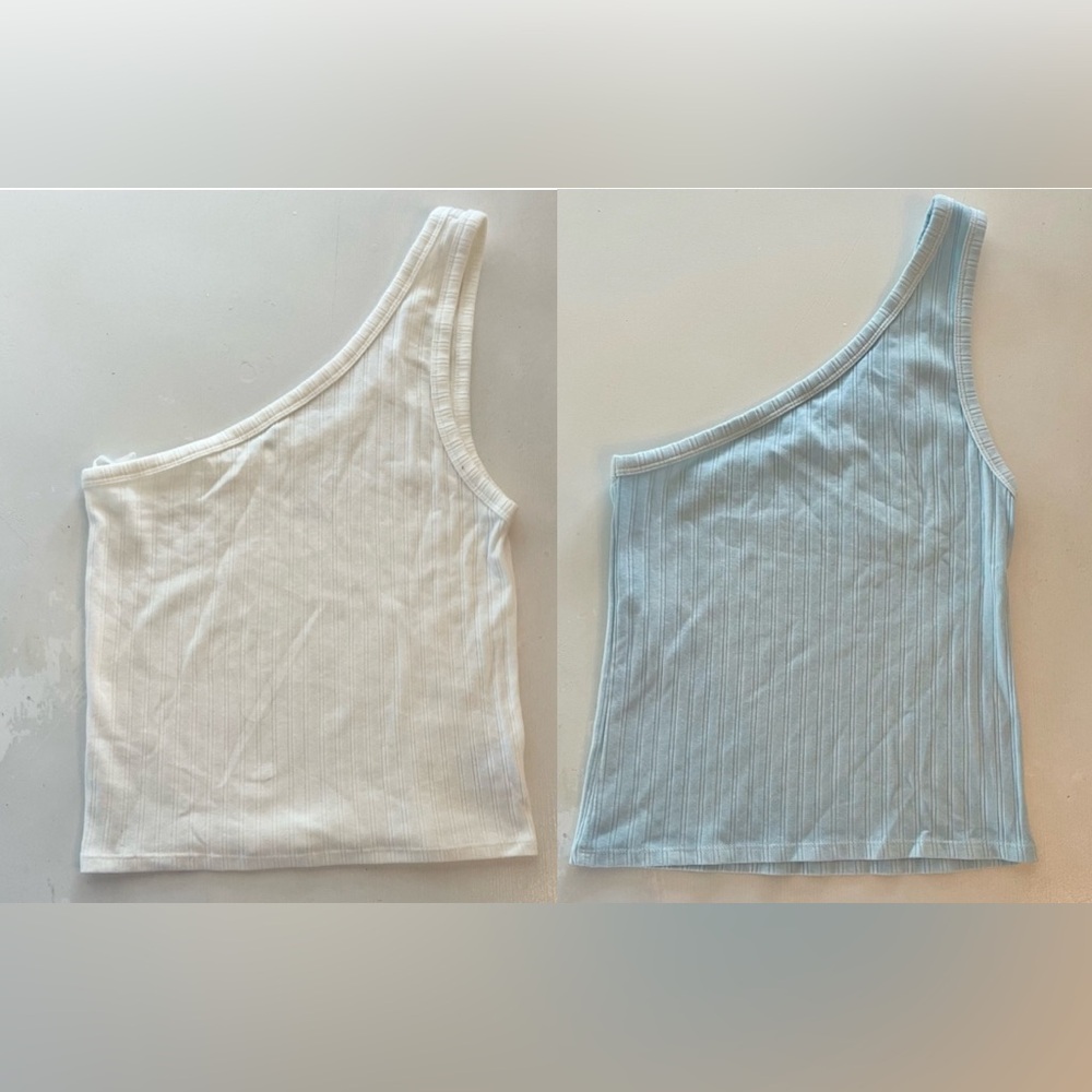 American Eagle One-Shoulder Ribbed Tank Top - White and Blue